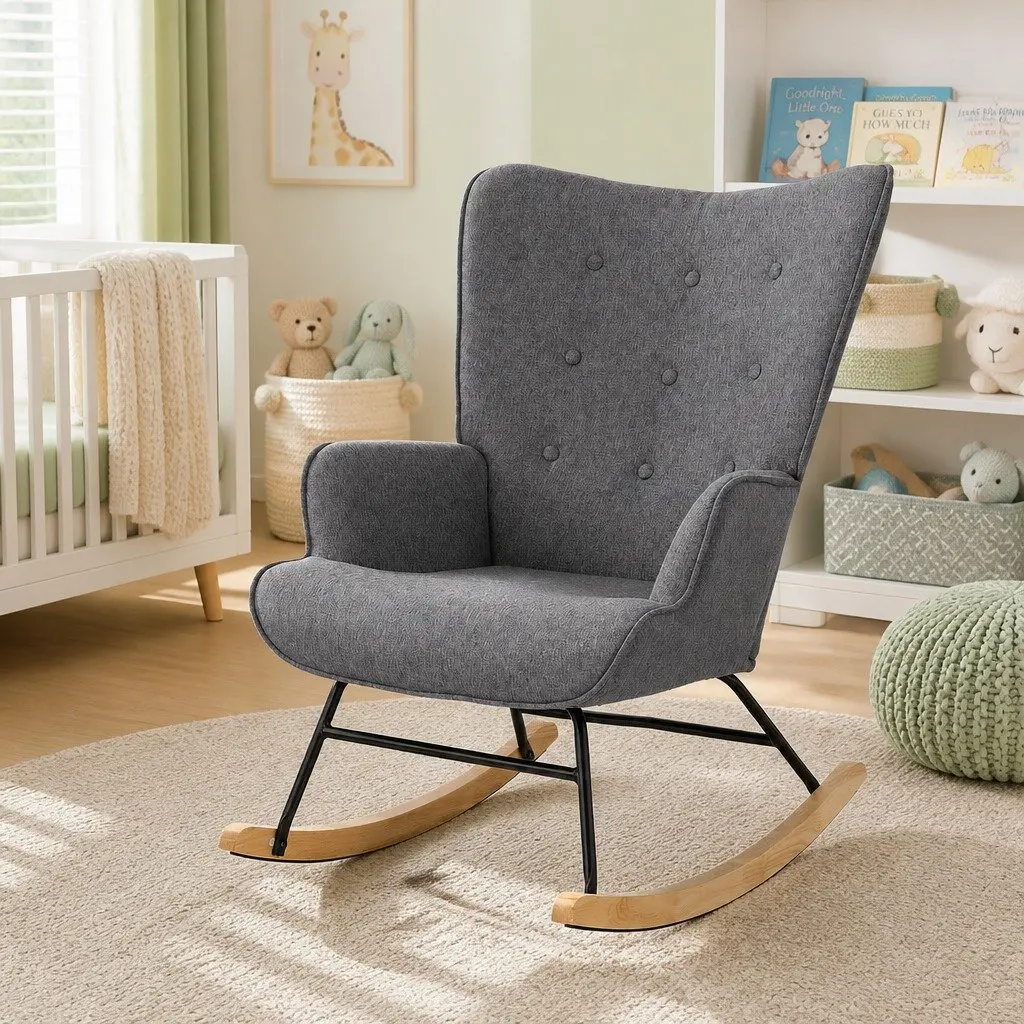 Armchair Nursing Chair Linen Fabric Grey Lounge Seat Metal Frame