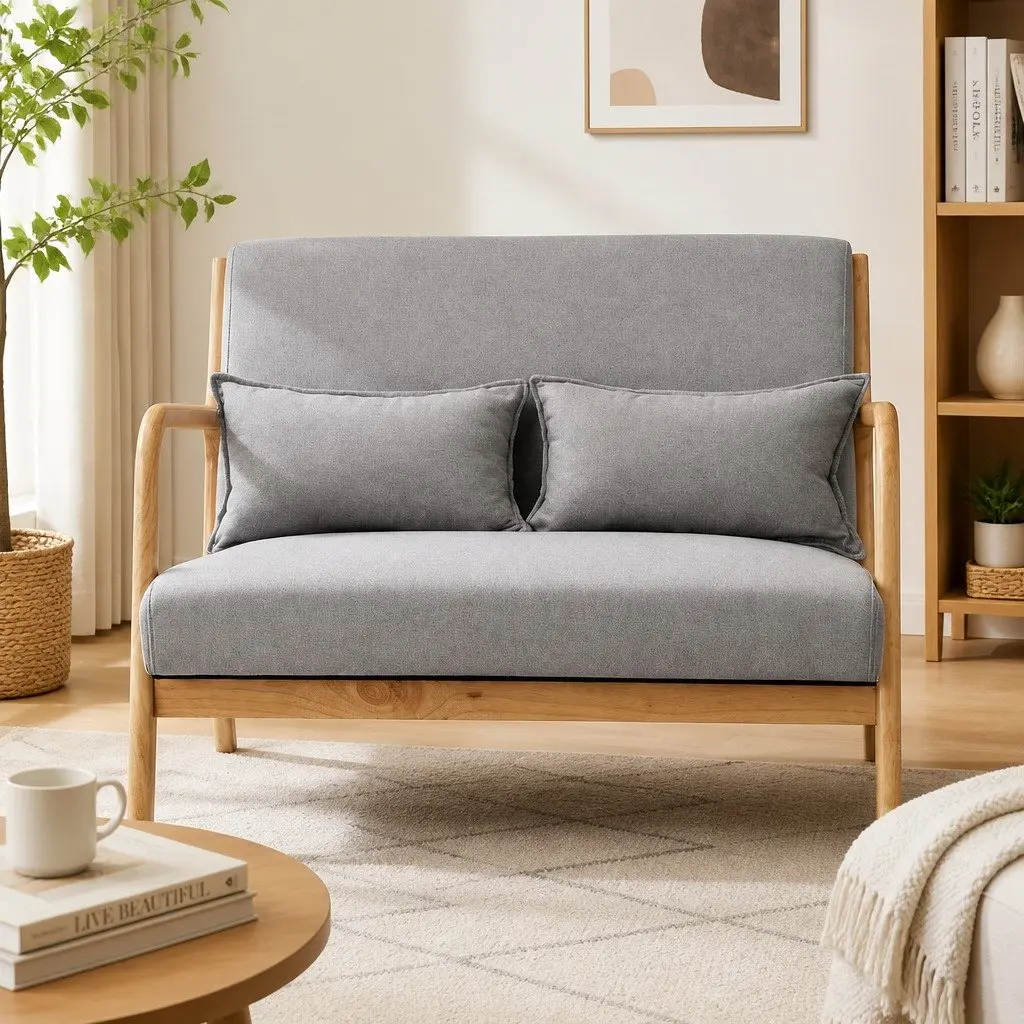 2-Seater Armchair Loveseat Modern Sofa Light Grey Rubber Wood Frame