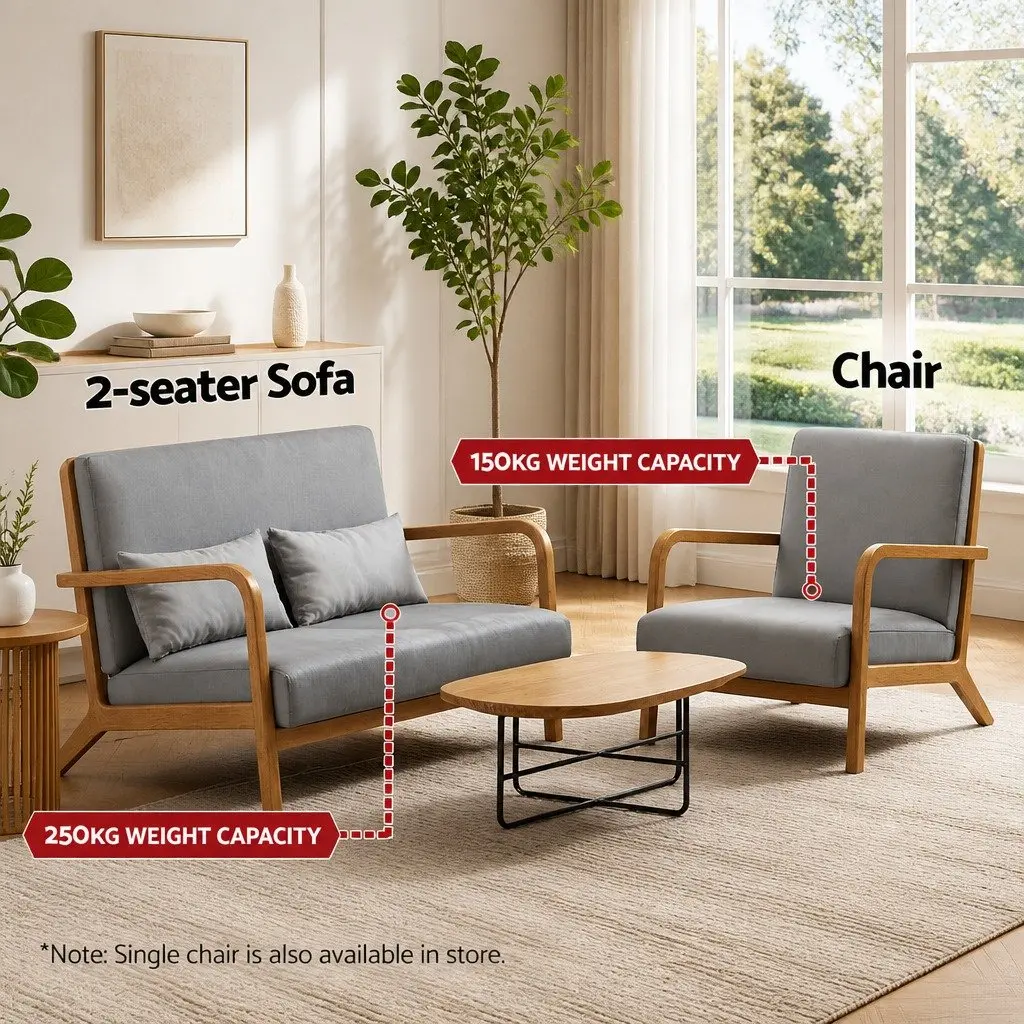 2-Seater Armchair Loveseat Modern Sofa Light Grey Rubber Wood Frame