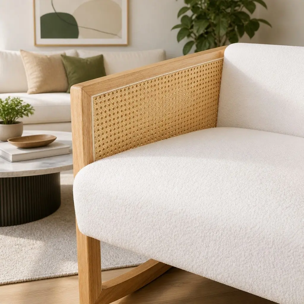 Rocking Chair Armchair Boucle Rattan White Relaxing Furniture