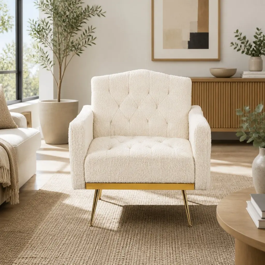 Beige Boucle Armchair Modern Scandinavian Design Cushioned Lounge Chair Home