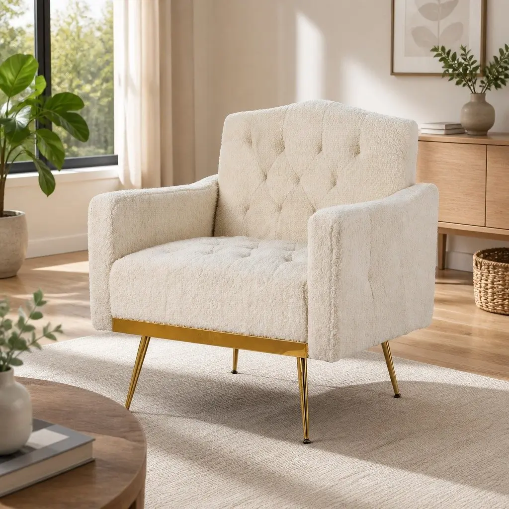 Beige Boucle Armchair Modern Scandinavian Design Cushioned Lounge Chair Home
