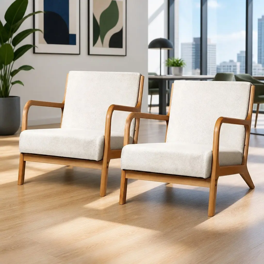 Beige Faux Fabric Armchair Set of 2