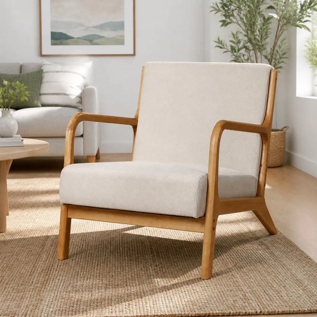 Armchair Fabric Beige Lounge Chair with Rubber Wood Legs Comfortable Seating