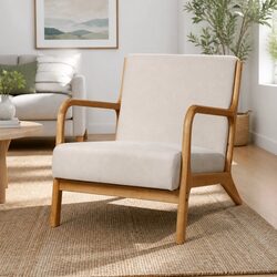 Armchair Fabric Beige Lounge Chair with Rubber Wood Legs Comfortable Seating