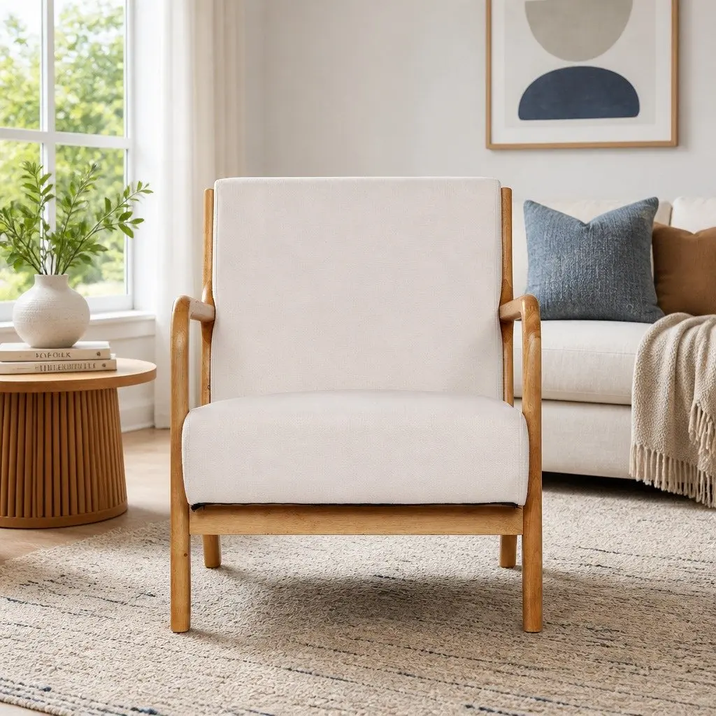 Armchair Fabric Beige Lounge Chair with Rubber Wood Legs Comfortable Seating