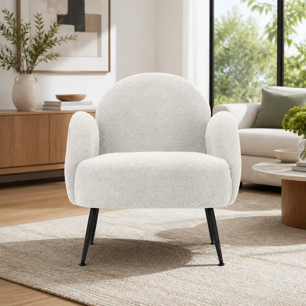 Armchair Sherpa Fabric Upholstered High-Resilience Foam White Steel Legs