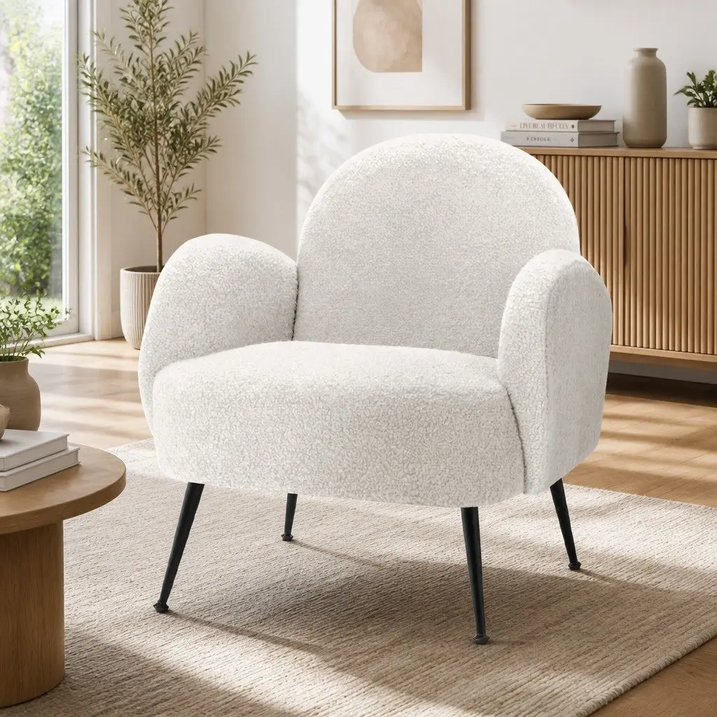 Armchair Sherpa Fabric Upholstered High-Resilience Foam White Steel Legs