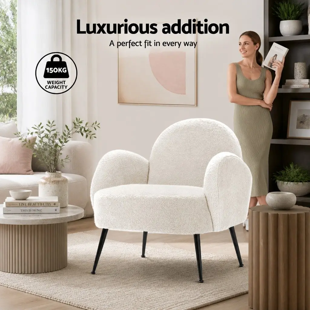 Armchair Sherpa Fabric Upholstered High-Resilience Foam White Steel Legs