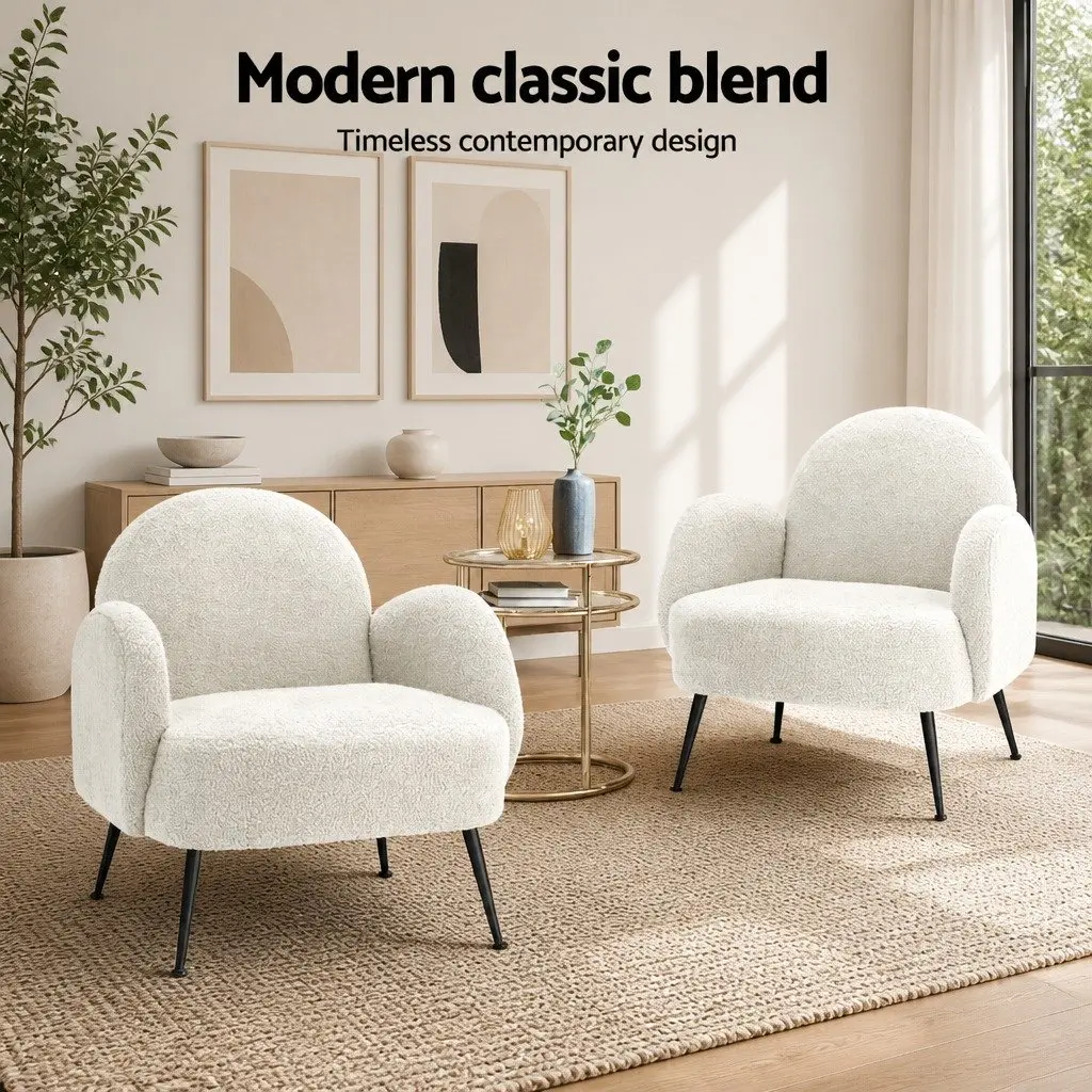 Armchair Sherpa Fabric Upholstered High-Resilience Foam White Steel Legs