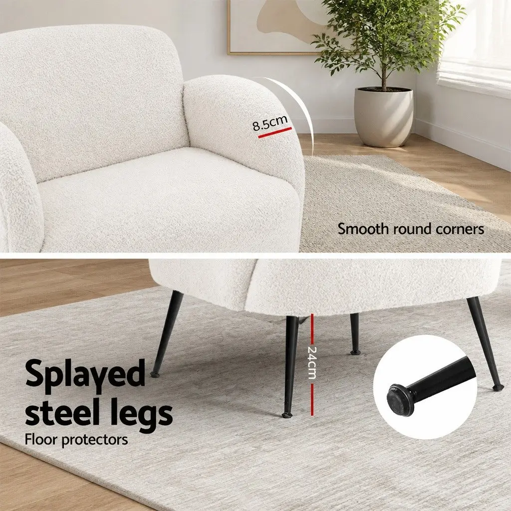 Armchair Sherpa Fabric Upholstered High-Resilience Foam White Steel Legs