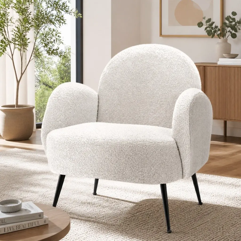 Armchair Sherpa Fabric Upholstered High-Resilience Foam White Steel Legs