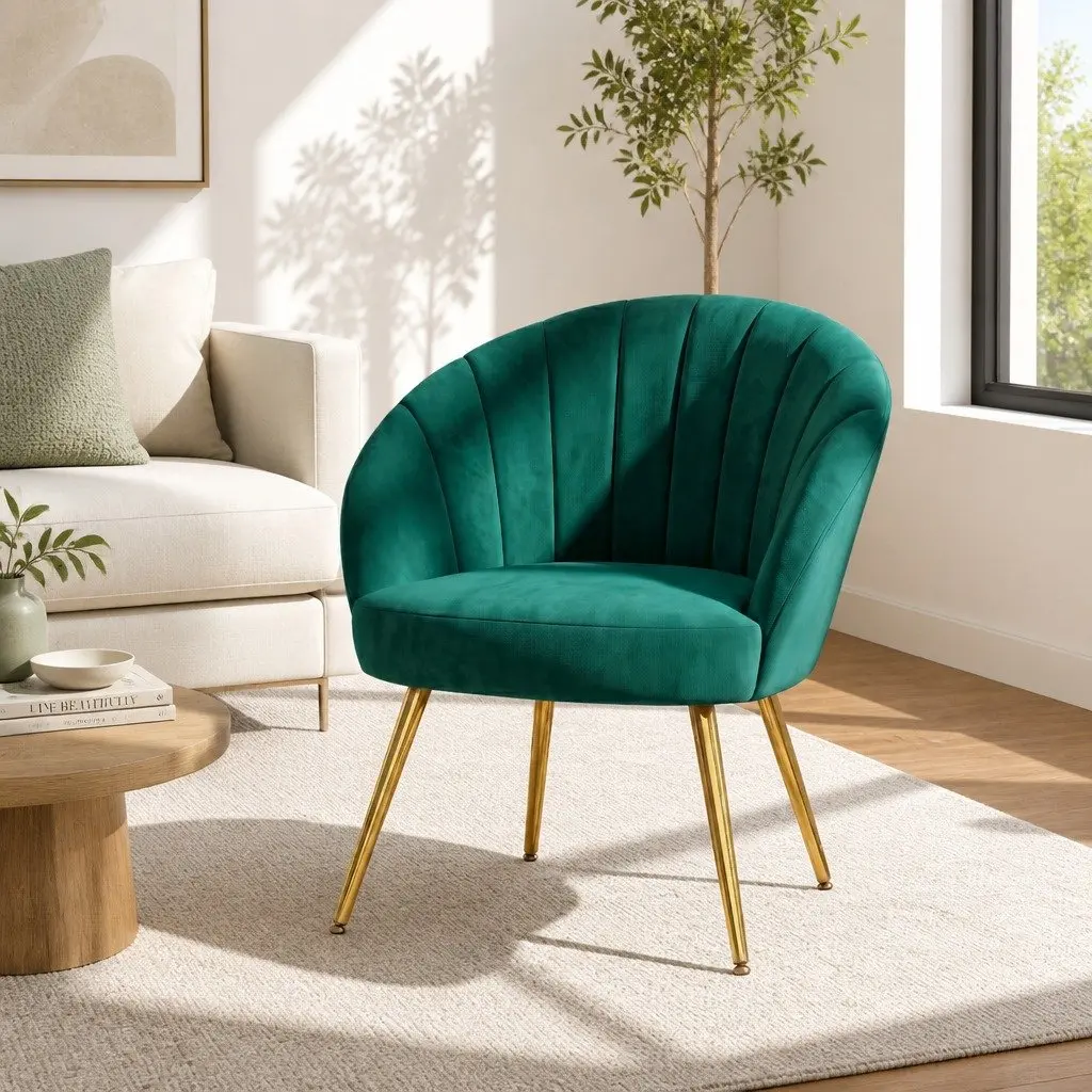 Armchair Green Velvet High Resilience Foam Padded Accent Chair with Golden Legs
