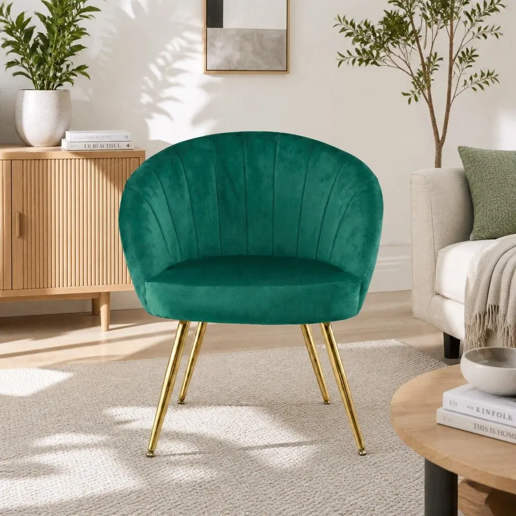 Armchair Green Velvet High Resilience Foam Padded Accent Chair with Golden Legs