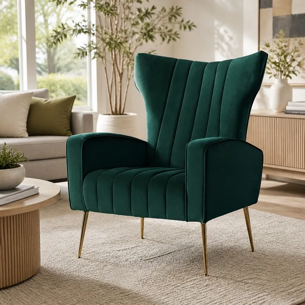 Armchair Green Velvet High Back Wide Seat Accent Chair