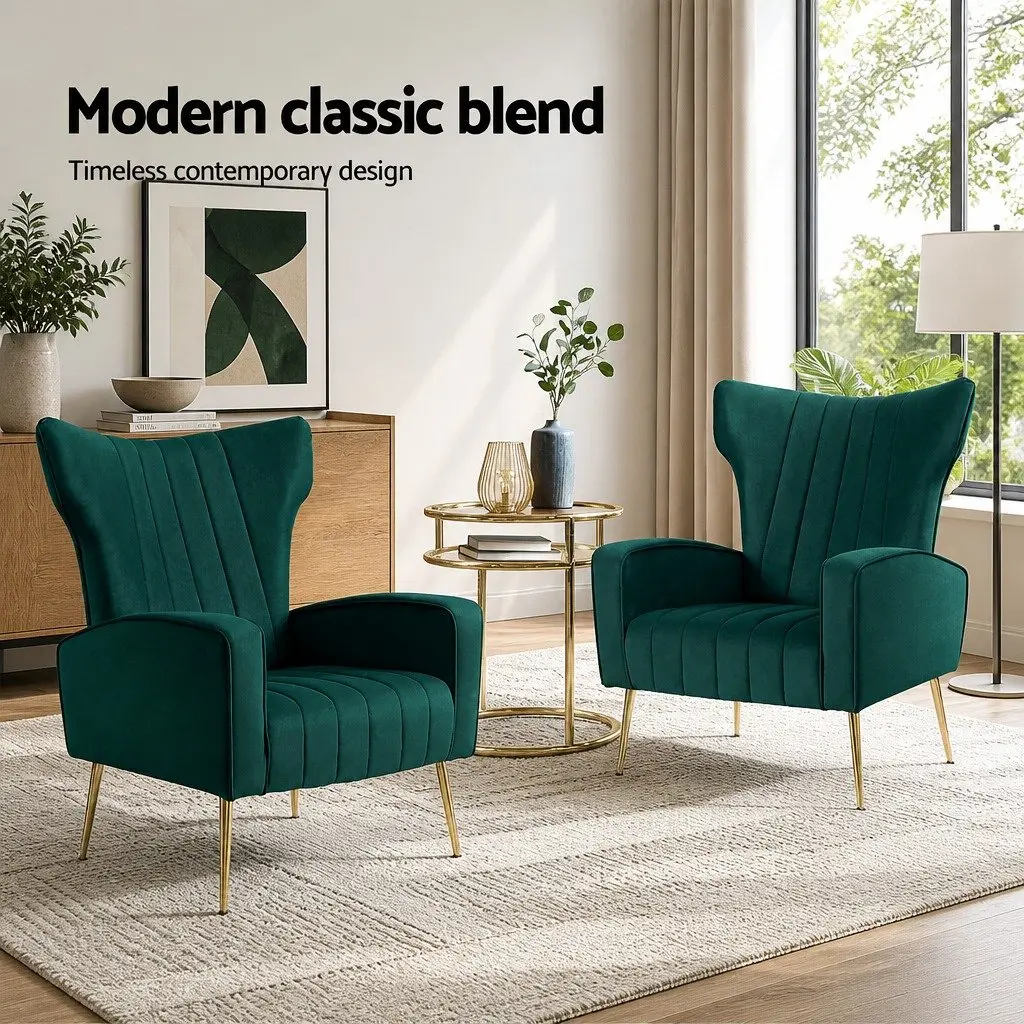 Armchair Green Velvet High Back Wide Seat Accent Chair