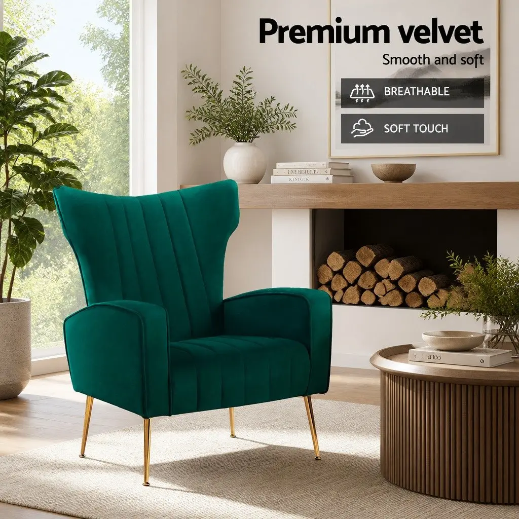 Armchair Green Velvet High Back Wide Seat Accent Chair