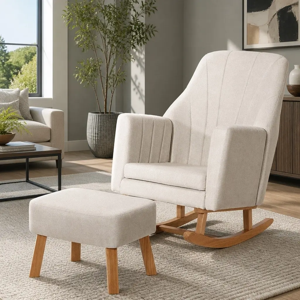 Rocking Chair Armchair Beige Linen Fabric Lounge Relax Nursing Footrest Included