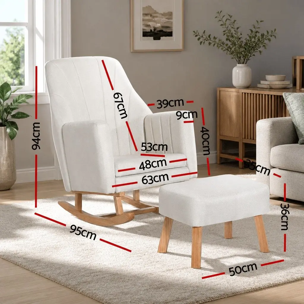 Rocking Chair Armchair Beige Linen Fabric Lounge Relax Nursing Footrest Included