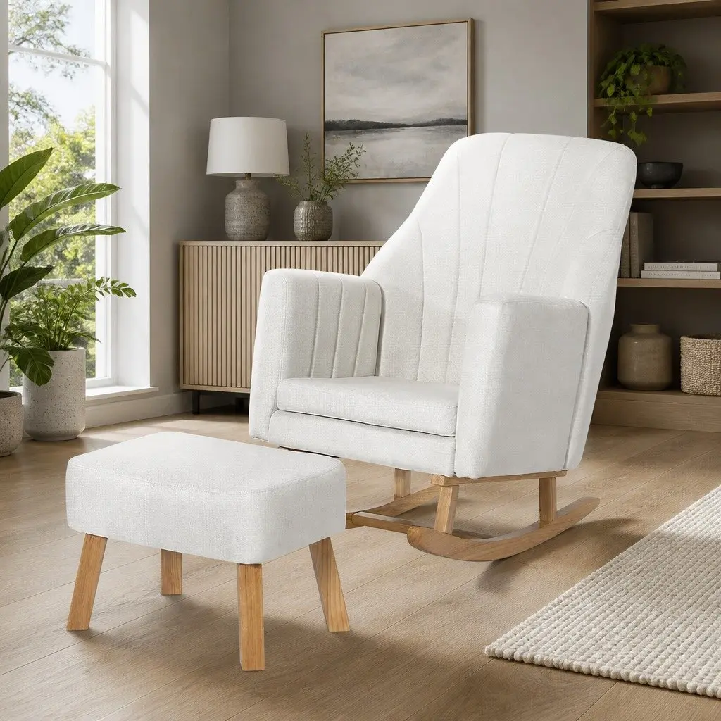 Rocking Chair Armchair Beige Linen Fabric Lounge Relax Nursing Footrest Included