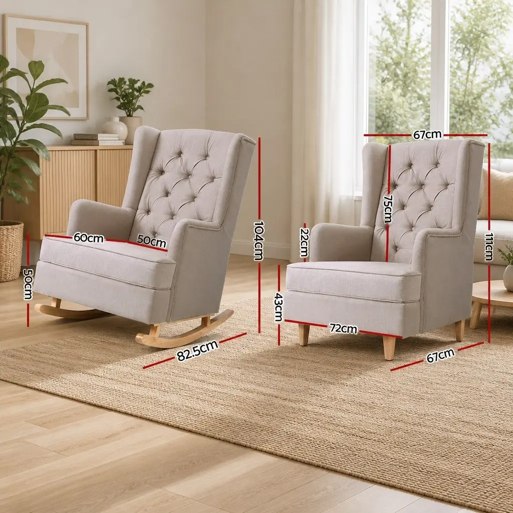 Rocking Chair Armchair Beige Linen Fabric Convertible Stationary Wingback Design