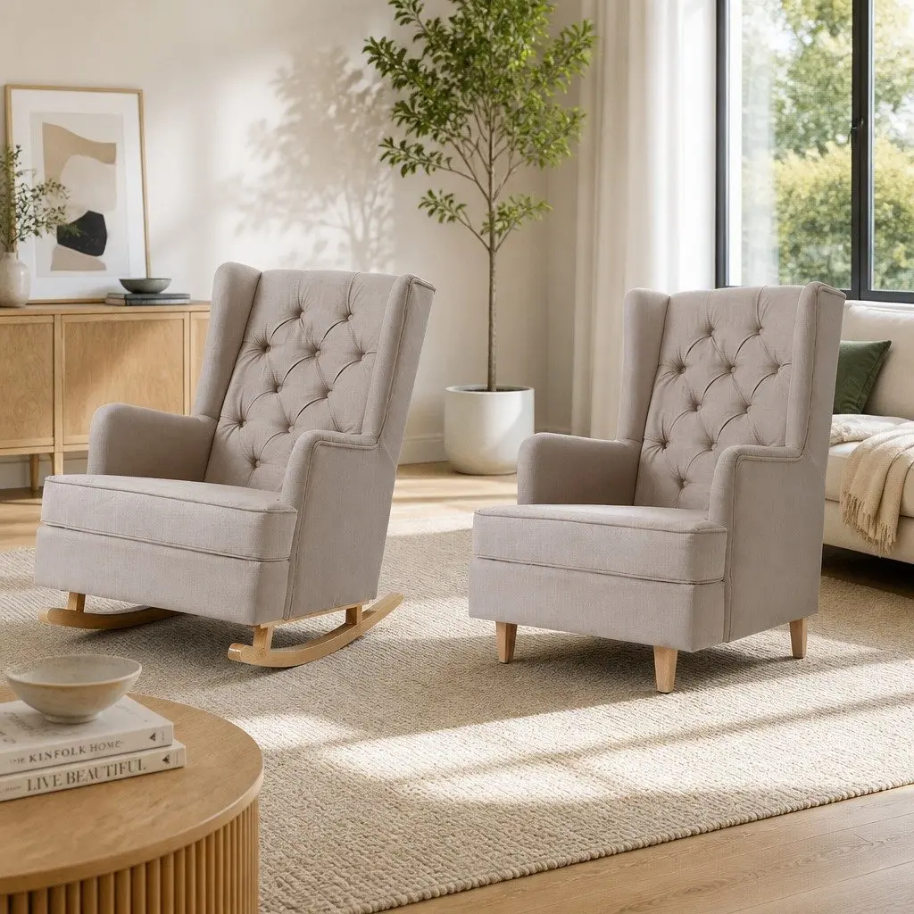 Rocking Chair Armchair Beige Linen Fabric Convertible Stationary Wingback Design
