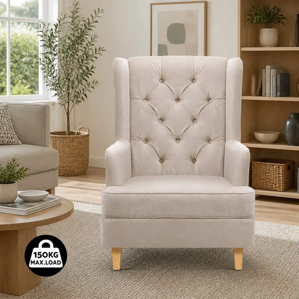 Rocking Chair Armchair Beige Linen Fabric Convertible Stationary Wingback Design
