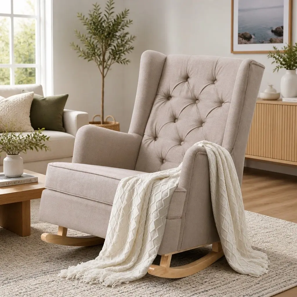 Rocking Chair Armchair Beige Linen Fabric Convertible Stationary Wingback Design