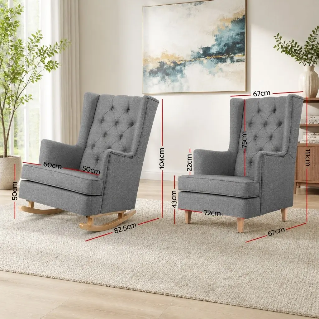 Grey Rocking Chair Armchair Convertible Linen Fabric Wingback Accent