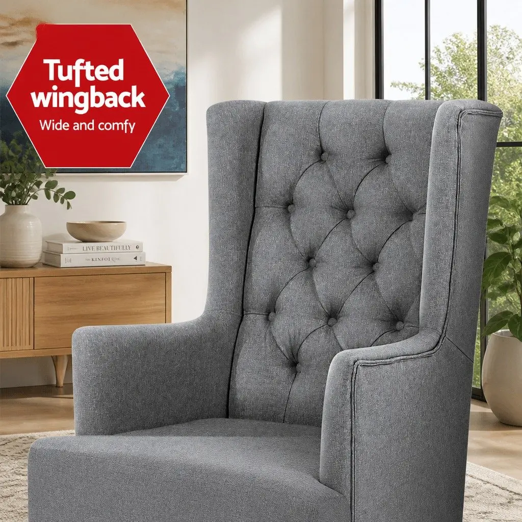 Grey Rocking Chair Armchair Convertible Linen Fabric Wingback Accent