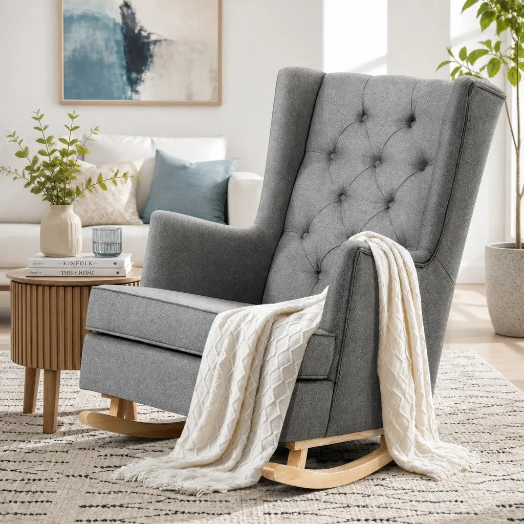 Grey Rocking Chair Armchair Convertible Linen Fabric Wingback Accent