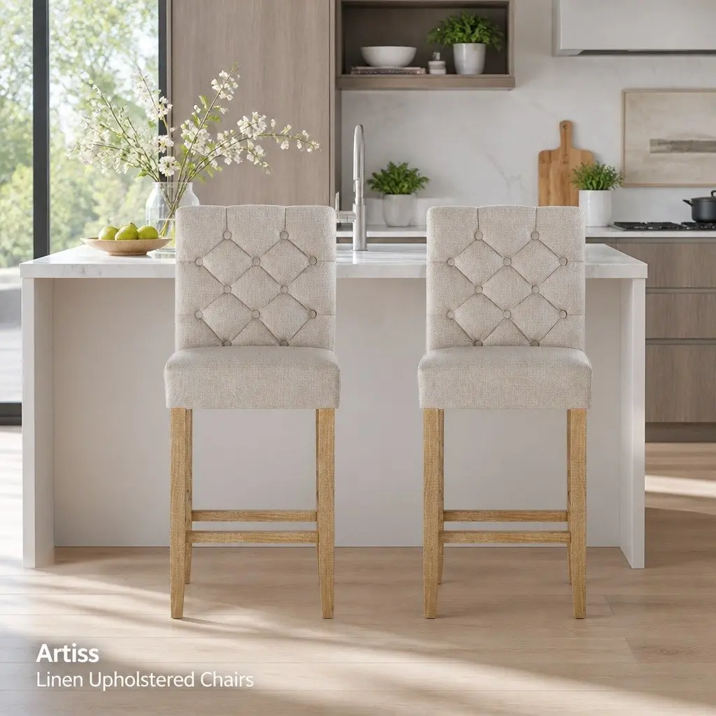 Bar Stools Tufted Button High Backrest Linen Upholstered Beige 2 Piece