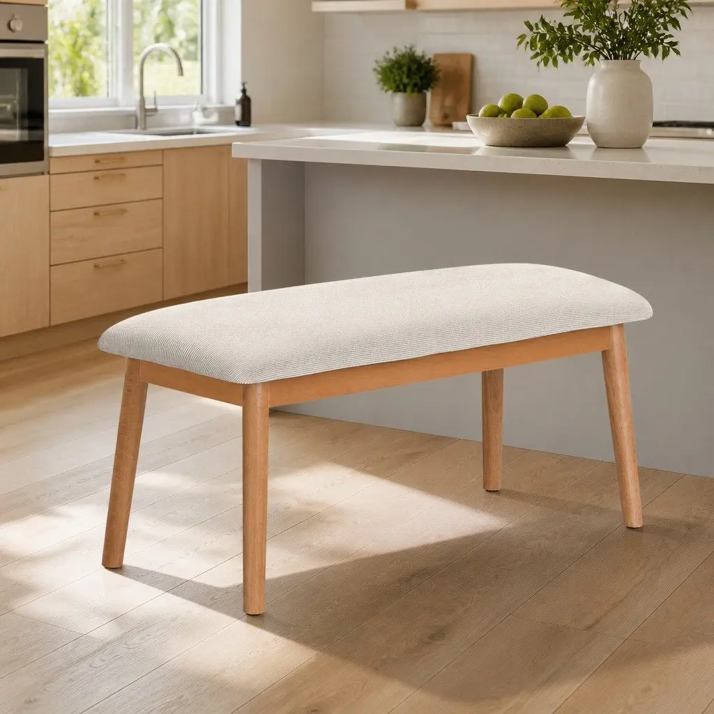 Dining Bench Upholstered Seat Wooden Legs Kitchen Dining Chair 106cm Beige
