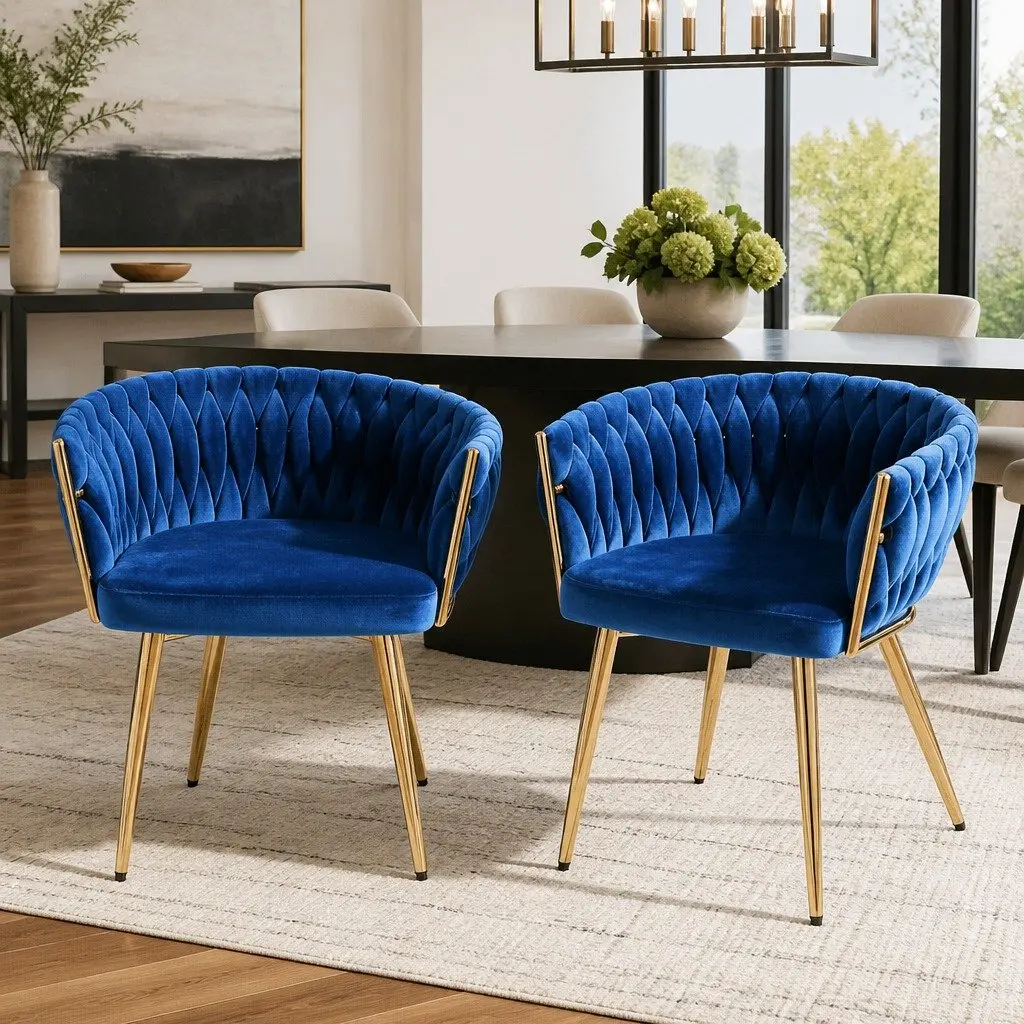 Dining Chairs Set of 2 Blue Velvet Armchair Hand-Woven Backrest