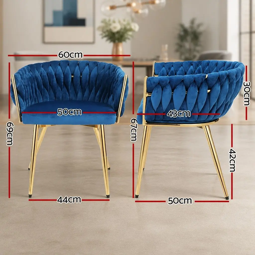 Dining Chairs Set of 2 Blue Velvet Armchair Hand-Woven Backrest