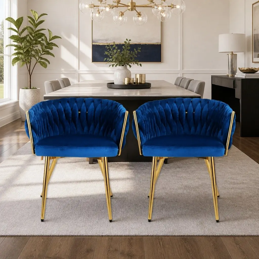 Dining Chairs Set of 2 Blue Velvet Armchair Hand-Woven Backrest