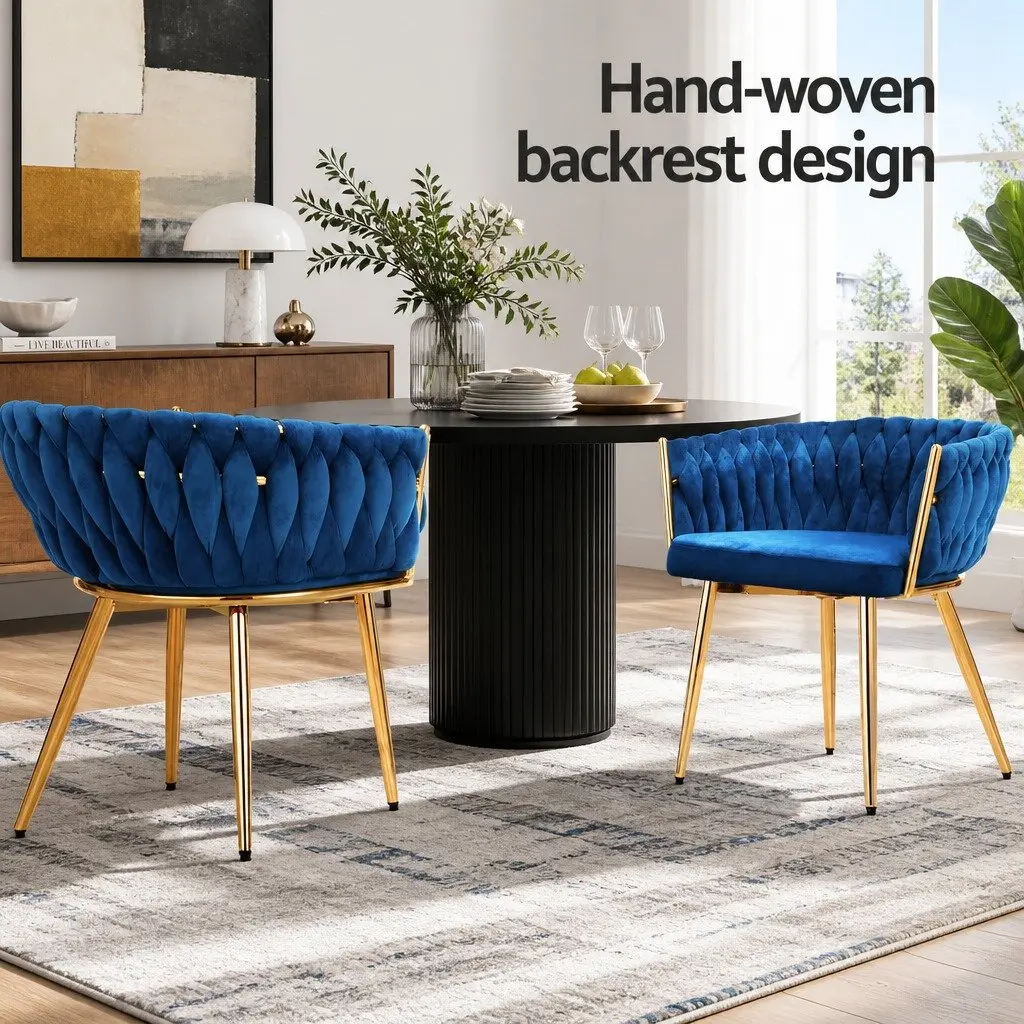 Dining Chairs Set of 2 Blue Velvet Armchair Hand-Woven Backrest