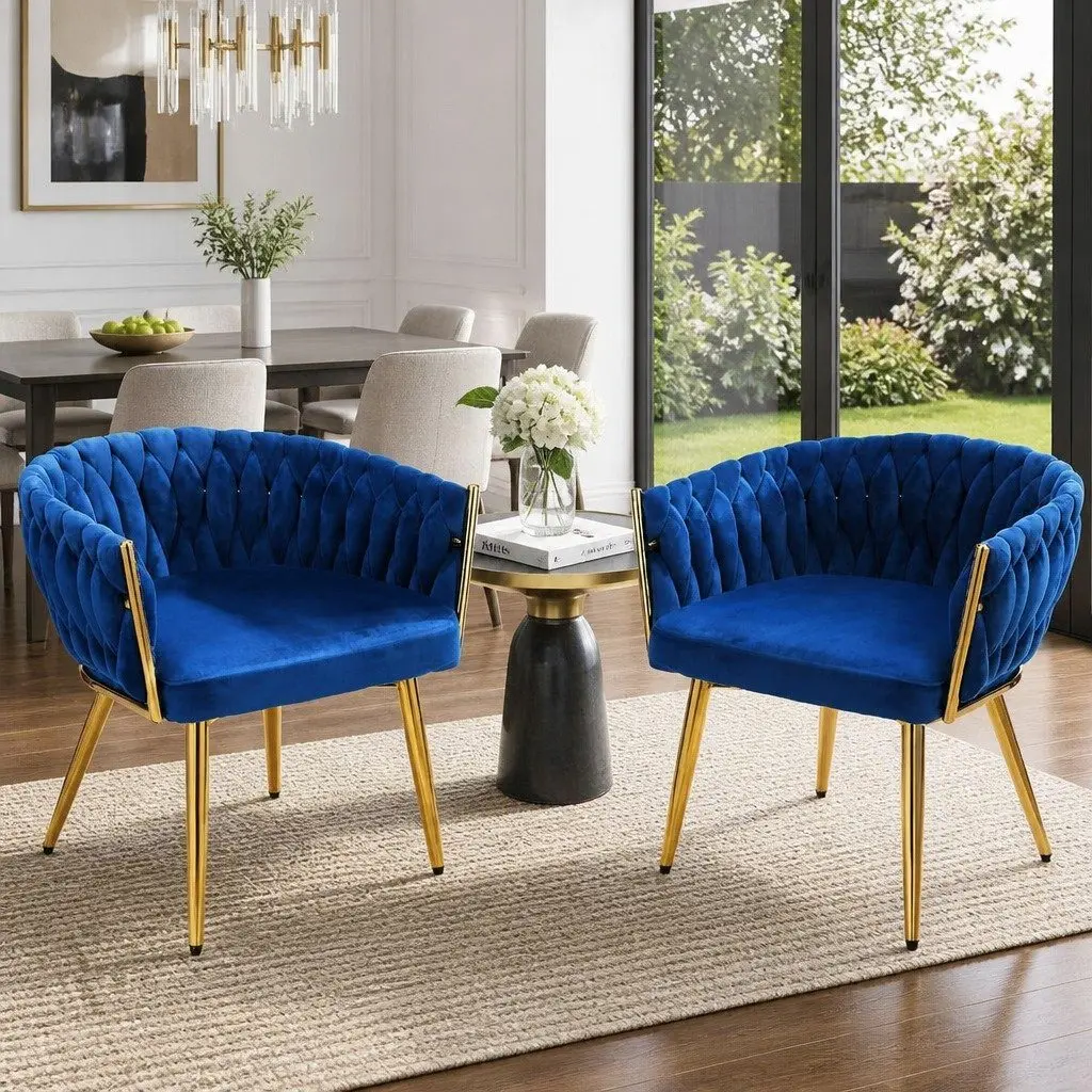 Dining Chairs Set of 2 Blue Velvet Armchair Hand-Woven Backrest