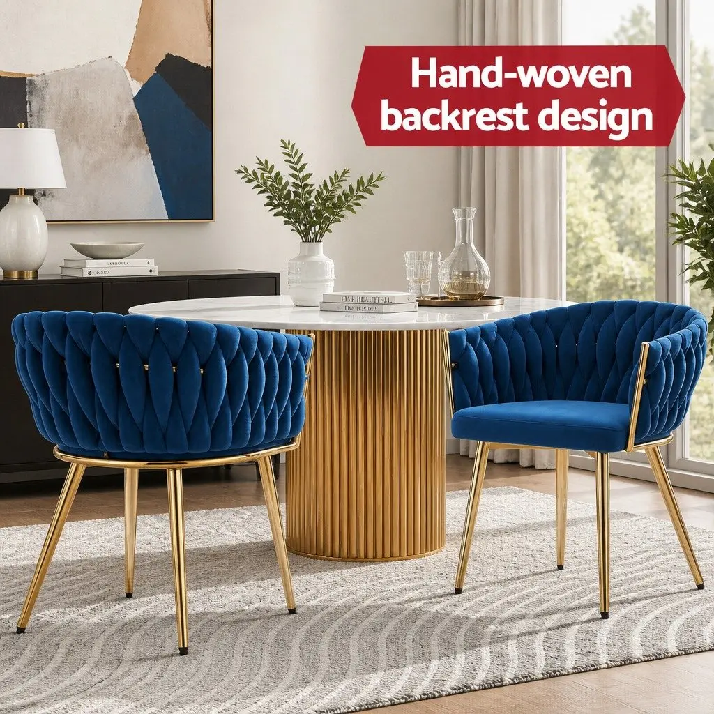 Dining Chairs Set of 4 Blue Velvet Armchair Hand-Woven Backrest