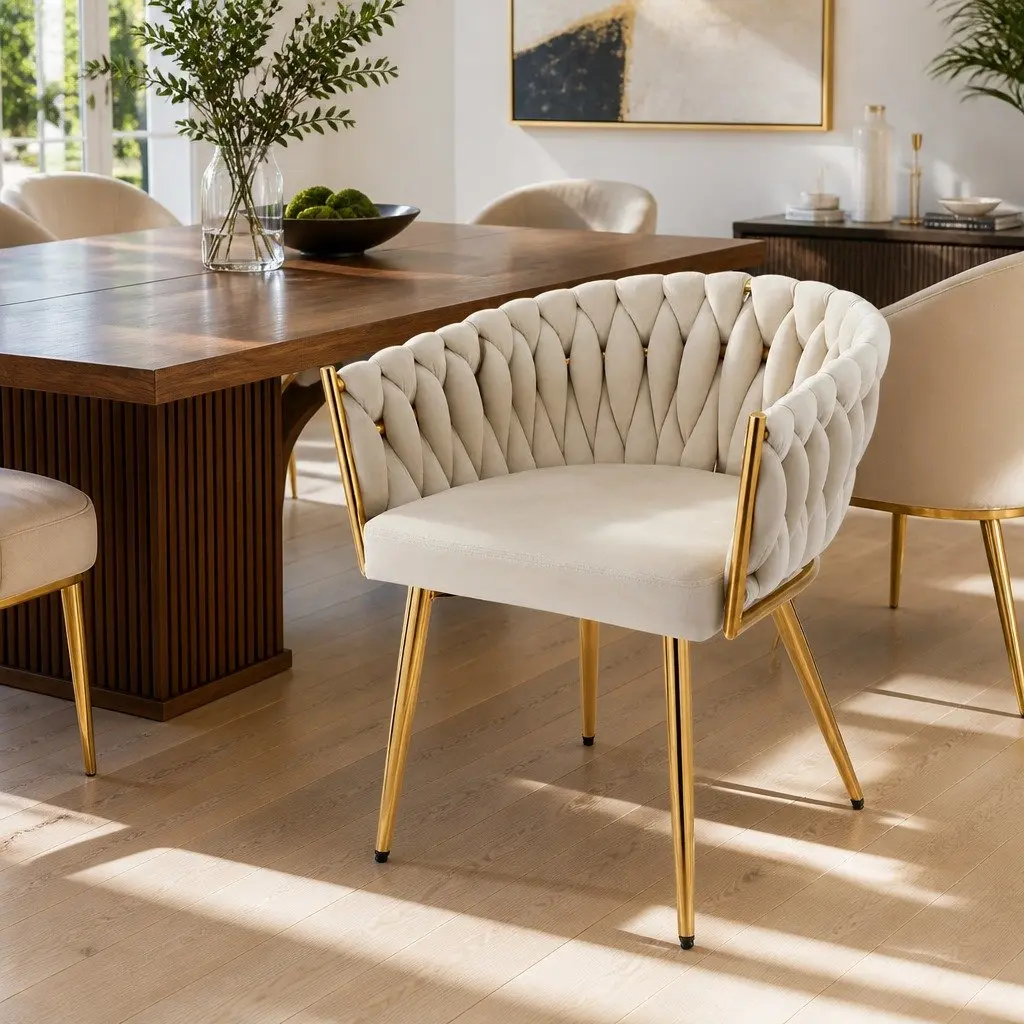 Dining Chair Velvet Armchair Beige Kitchen Lounge Seat Cushioned Backrest