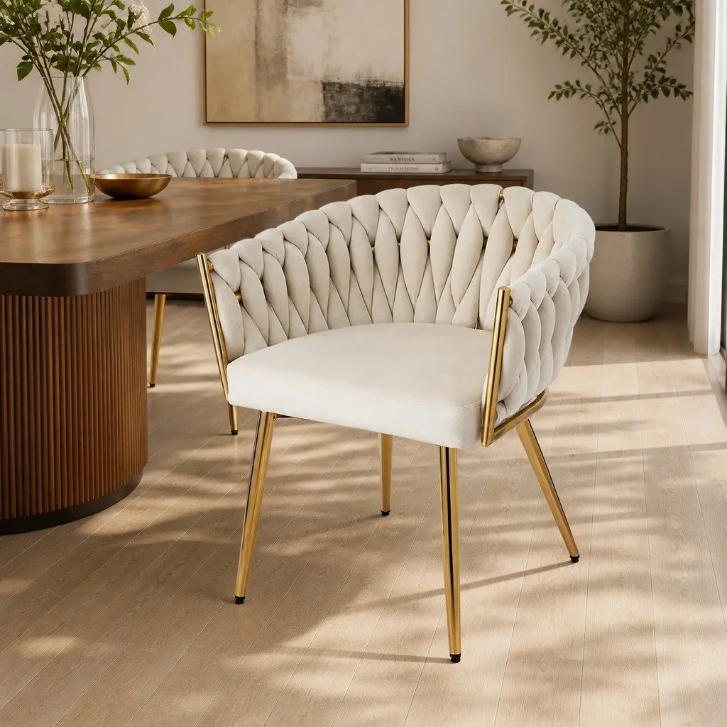 Dining Chair Velvet Armchair Beige Kitchen Lounge Seat Cushioned Backrest