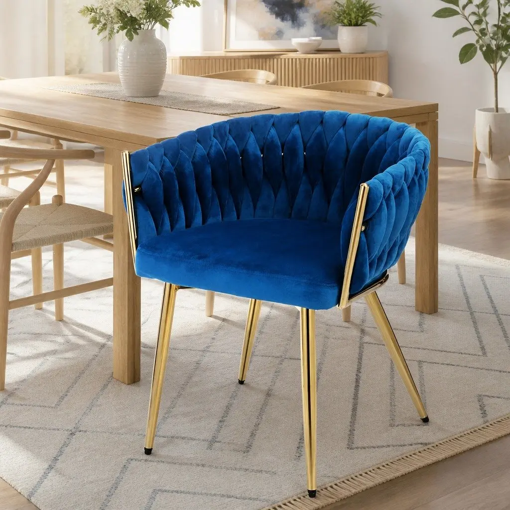 Velvet Upholstered Dining Armchair with Hand-Woven Backrest for Lounge Accent Seating in Blue or Gold