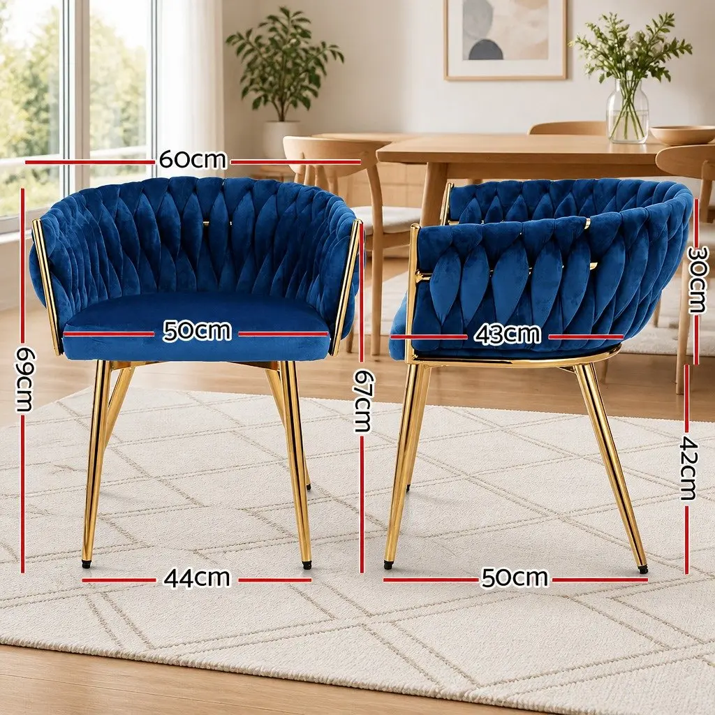 Velvet Upholstered Dining Armchair with Hand-Woven Backrest for Lounge Accent Seating in Blue or Gold