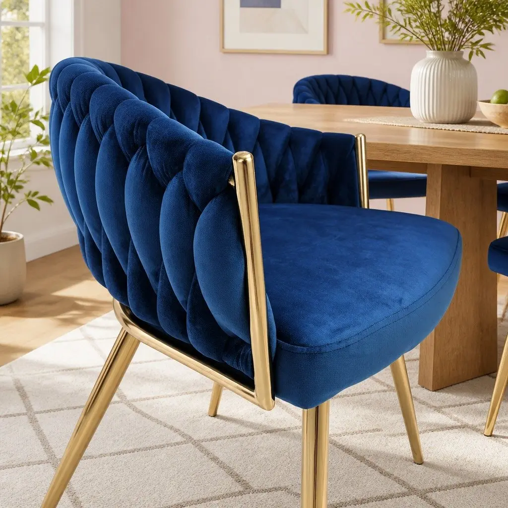 Velvet Upholstered Dining Armchair with Hand-Woven Backrest for Lounge Accent Seating in Blue or Gold