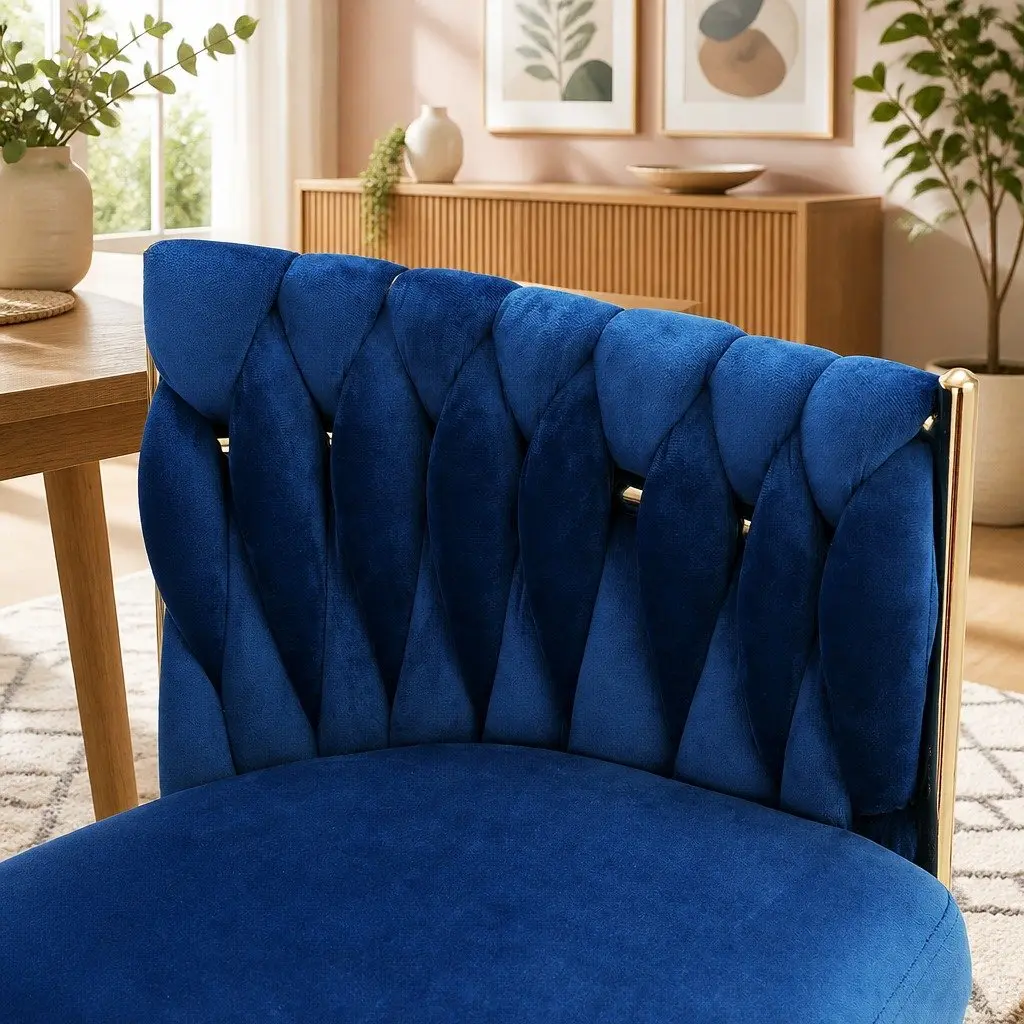 Velvet Upholstered Dining Armchair with Hand-Woven Backrest for Lounge Accent Seating in Blue or Gold