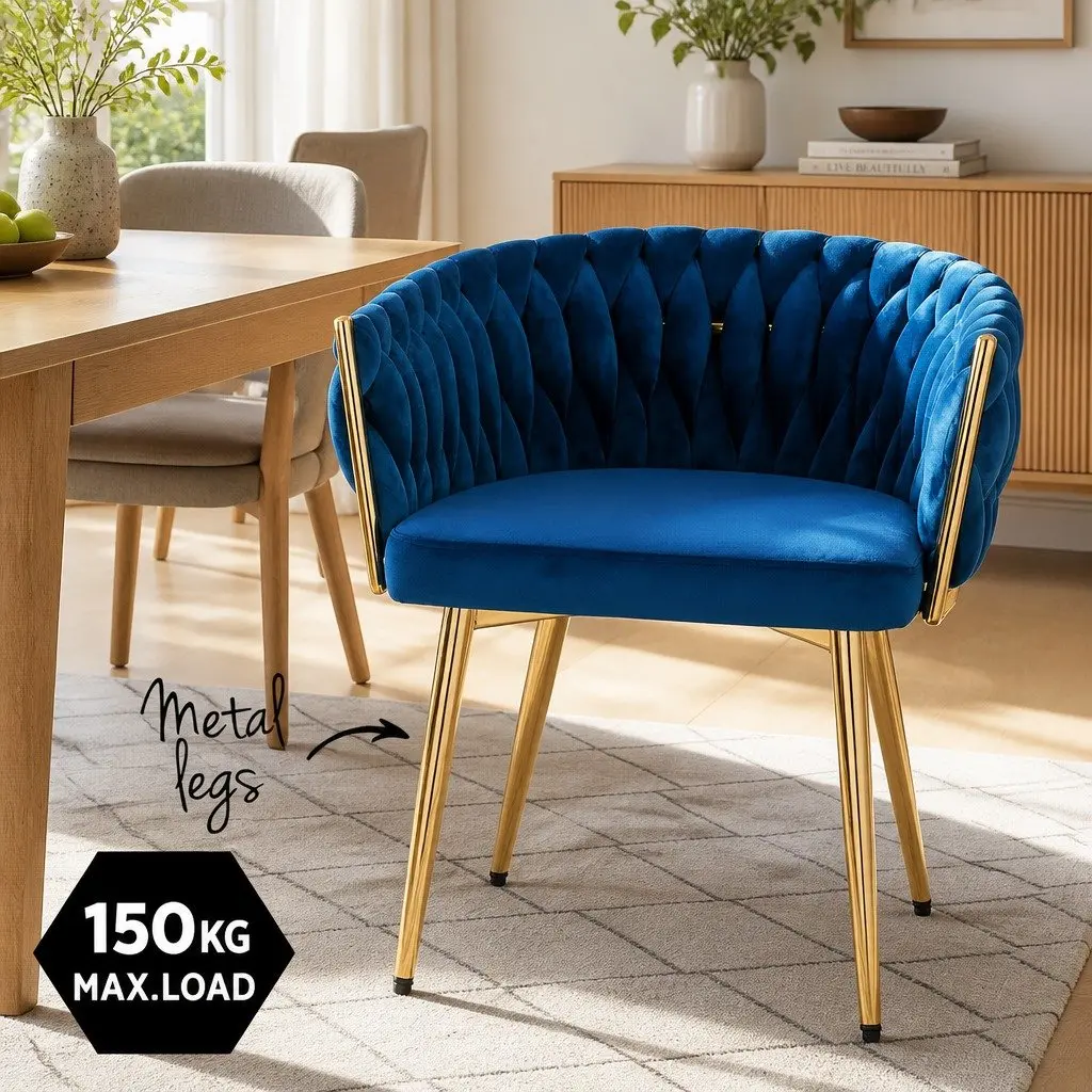 Velvet Upholstered Dining Armchair with Hand-Woven Backrest for Lounge Accent Seating in Blue or Gold