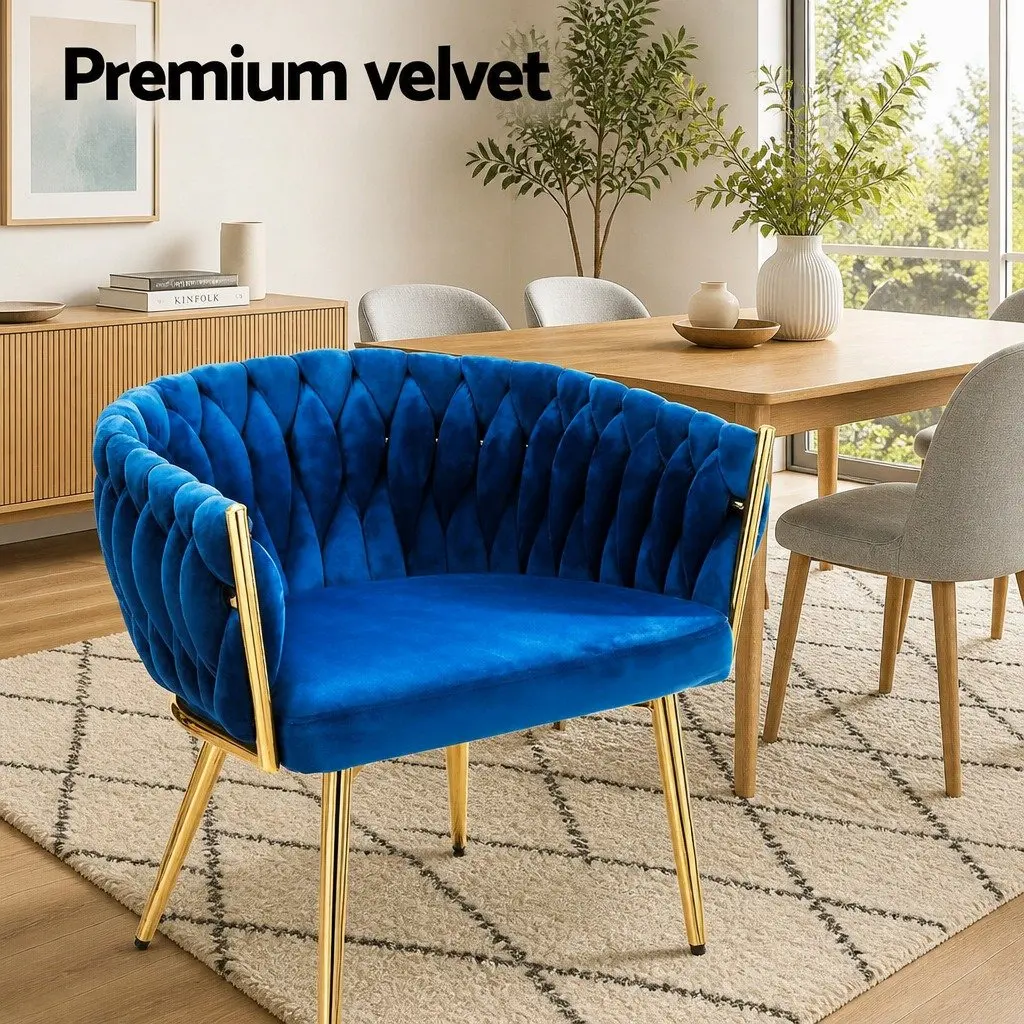 Velvet Upholstered Dining Armchair with Hand-Woven Backrest for Lounge Accent Seating in Blue or Gold