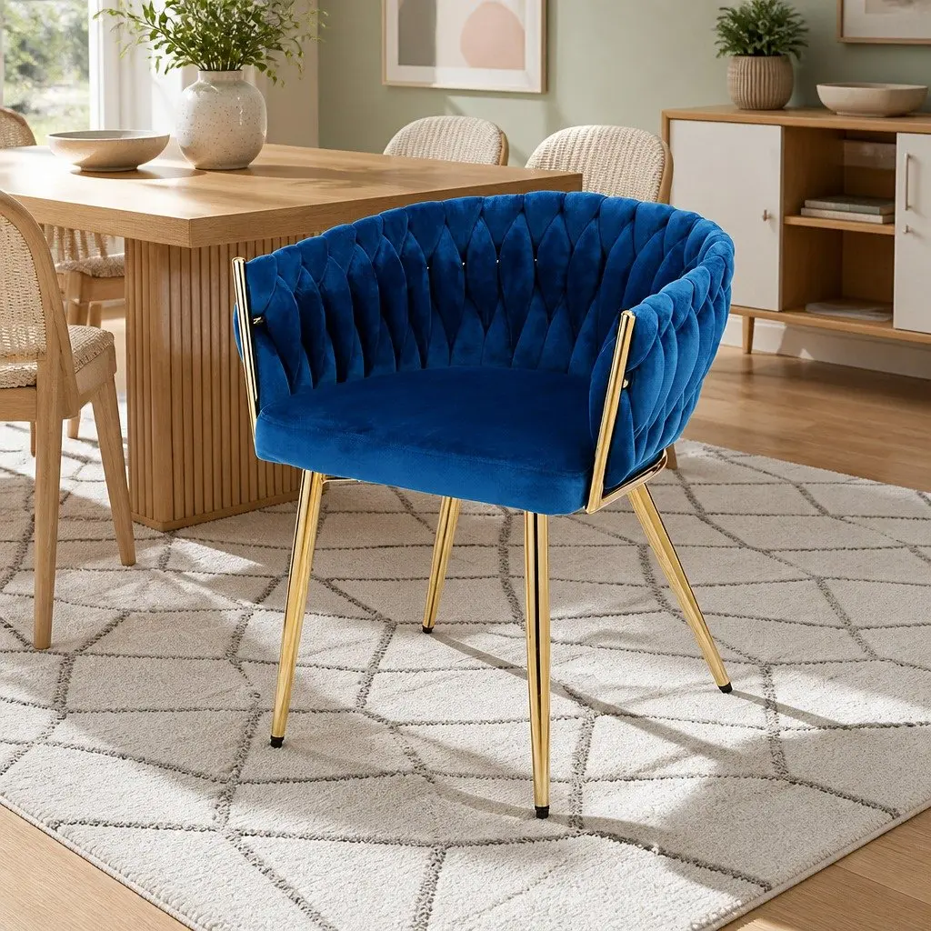 Velvet Upholstered Dining Armchair with Hand-Woven Backrest for Lounge Accent Seating in Blue or Gold