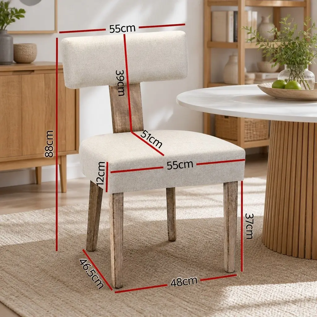 Set of 2 Beige Padded Seat Dining Chairs Wooden Frame Linen Fabric for Kitchen