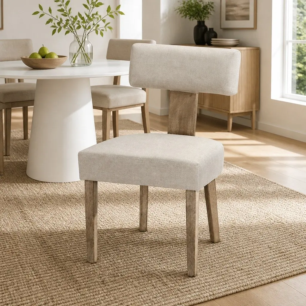 Set of 2 Beige Padded Seat Dining Chairs Wooden Frame Linen Fabric for Kitchen